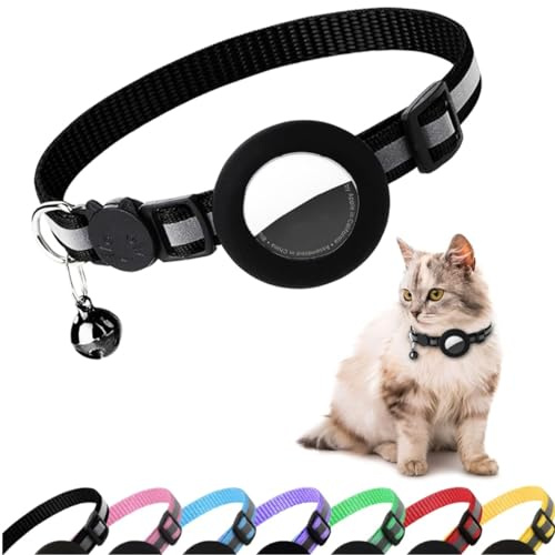 Airtag Cat Collar, Air tag Cat Collar with Bell and Safety Buckle (Black) | Safety Breakaway Buckle, Reflective Strip, Lightweight, 0.4 Inches in Width, Adjustable Size to Fit Different Cats