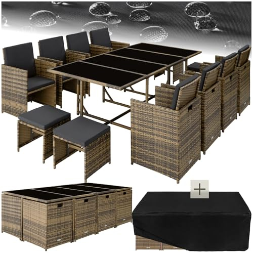 tectake® Salon de Jardin Pliable 12 Places, 1 Table, 8 chaises, 4 tabourets | En résine tressée, Plateaux verre de sécurité, Résistant aux intempéries, Housse de protection, 20 coussins, Marron/Gris