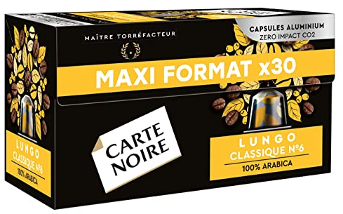 Carte Noire, Espresso Lungo, Nespresso Compatible Aluminium Capsules, 1 Pack of 30 Coffee Pods, 100% Arabica, Roasted and Nutty Notes, Intensity 8/10, Rich Texture, Coffee Capsules for a Tall Coffee