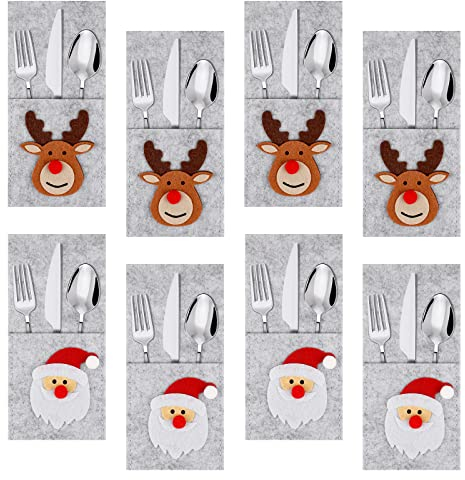 Weysoo 8 Stück Bestecktasche Weihnachten, Filz Weihnachten Besteckhalter mit Motiv Elch und Weihnachtsmann, Weihnachts Tischdeko für Party Dekoration