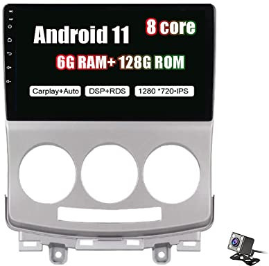 PLOKM Doble DIN Carplay FM RDS Radio de Coche Android 11 Pantalla táctil de 9 Pulgadas Estéreo de Coche para Mazda 5 2005-2010 Suppot DSP SWC GPS WiFi/BT Tethering Internet con cámara Trasera WiFi
