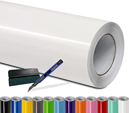 Folindo Autofolie Weiß Glanz (7€/m²) - 10 x 1,52 m - Selbstklebende Auto Lackschutzfolie mit Luftkanal Technik – Blasenfreie Auto Folierung inkl. Rakel & Cutter – Car Wrapping Folie