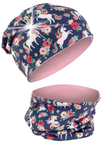 HECKBO 360° Reflektor Kinder Mütze & Loop Schal Set - Einhorn - Reflektoren an Felgen Reifen- 2-8 Jahre - 95% Baumwolle - weiches & pflegeleichtes Stretch-Material - Jungen Jungs Beanie