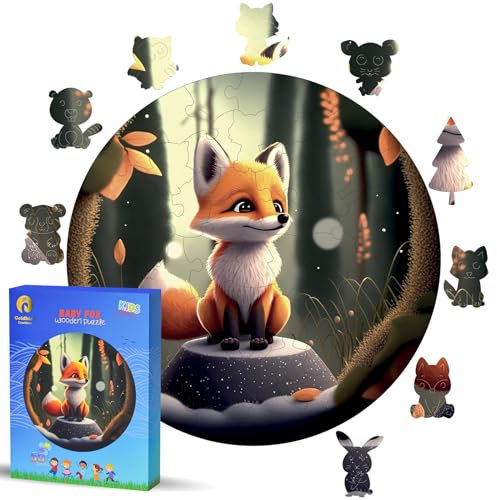 Holzpuzzle Für Kinder Ab 4 Jahre - Rundes Kinderpuzzles Holz 50 Teile - Holz Puzzle Tiere Für Mädchen Oder Jungen - Wooden Puzzle - Geburtstags Weihnachten Geschenke (Fuchs)