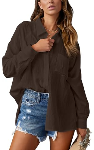 NONSAR Camisa elegante para mujer, de manga larga, con cuello en V, estilo casual y moderno, con bolsillo, XL