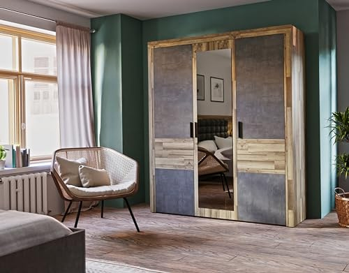 FORTE RICCIANO Schrank 180 190, Kleiderschrank Schlafzimmer Drehtürenschrank Industrial, 3-türig, Betonoptik Dunkelgrau/Holzdekor:Stabeiche, 181 cm breit x 212 cm hoch x 54 cm tief
