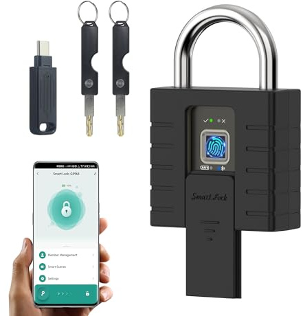 TenixLox Cadenas à empreintes digitales avec application et clé, cadenas noir très résistant, adapté pour l'extérieur, le camion, l'entrepôt et les casiers d'armoires