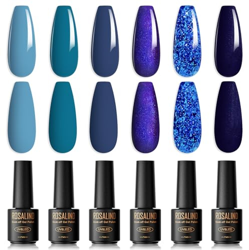 ROSALIND UV Nagellack Blau,6 Farben Mini Himmelblauer unkelblau Ozean Kobaltblau Marineblau Dunkelblau Glitzer Sommer Frühling Gelnägel Soak Off UV LED Gel lack Nail Polish