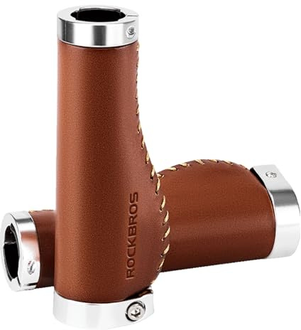ROCKBROS Manopole Bici Ergonomiche, Manopole Vintage Pelle Vera per MTB Bicicletta Monopattino, Diametro 22,2mm, Lock-on Design