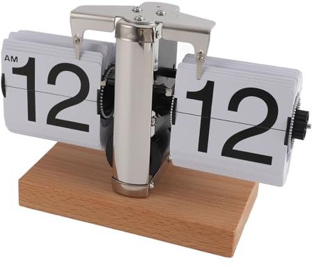 Ejoyous Retro Digitale Flip-Down-Uhr mechanische Klappuhr mit dickem Holz Basis Auto-Flip-Uhr Zahnradbetriebene Schreibtischuhr 12 H für Zuhause, Büro (Weiße Seite)