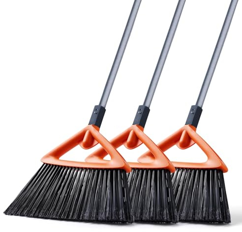 CLEANHOME 3 Pack Heavy Duty Outdoor Broom with Long Handle for Patio,Lobby,Garden,Kitchen,Deck,Yard,Sweeping -Commercial Grade Angle Broom with Stiff Bristles and Sponge Handle