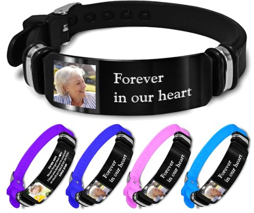 Braccialetto in silicone personalizzato per uomo e donna con nome inciso e testo parole con cinturino regolabile nero, braccialetti personalizzati regalo per lui, regali commemorativi con foto