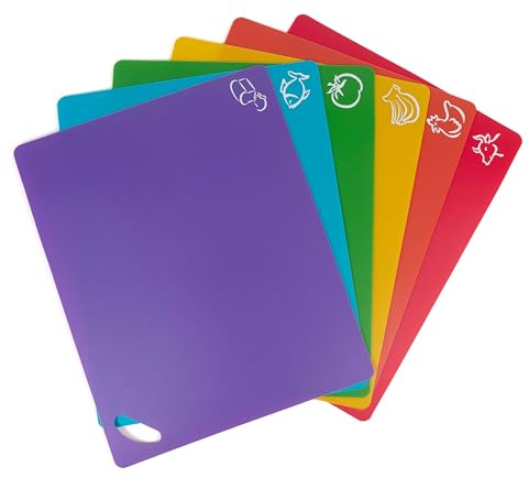 Plastic Cutting Board - six Units, Pcs Flexible Chopping Board Mats with Food Icons, Non-Slip Antimicrobial Easy Hanging Boards, Dishwasher Safety
