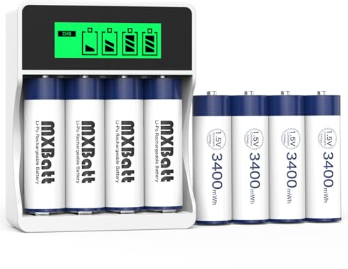 MXBatt 8 Packungen Batterien AA Wiederaufladbar Lithium, 1,5V 3400mWh | Hohe Kapazität, 1500 Zyklen, LCD Ladegerät, Fernbedienungen, Wanduhren, Lichterketten, Taschenlampen, Wetterstationen