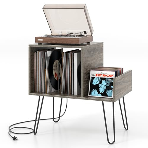 GIANTEX Soporte para Tocadiscos, 66 x 45 x 67 cm, Mesa Auxiliar con Estación de Carga Incorporada, Estantería de Almacenamiento para Vinilos con Patas Metálicas, Armario para Dormitorio, Salón (Gris)