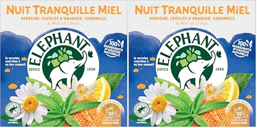 Elephant, Infusion Nuit Tranquille Miel, Goût Verveine, Feuille d'Oranger et Camomille, Ingrédients d'Origine 100% Naturelle, 20 Sachets Pyramid (Lot de 2)