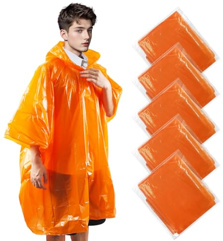 Kashack 5/10 stycken engångsregnponcho transparent för kvinnor och män – 100 % vattentät regnponcho med huva lätt för vandring camping och resor nödponcho, Orange 5 stycken, one size