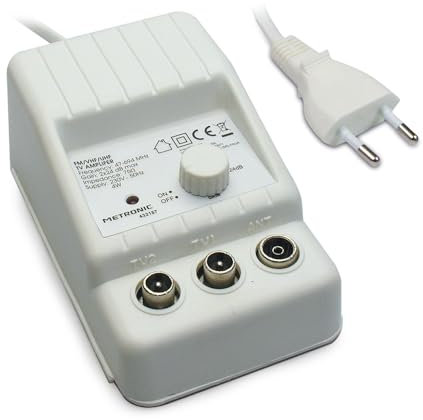 METRONIC 332187 Amplificatore Antenna TV Digitale Terrestre Interno – Potenziatore di Segnale con Alimentatore – Splitter per Impianti Televisivi Compatibile 4G/5G, 24 dB, 2 Uscite Presa TV 9,52 mm