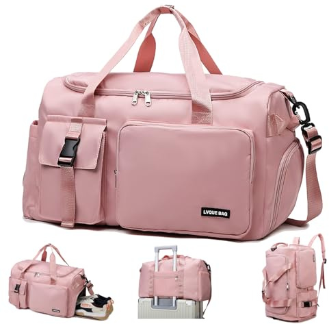 YOUYIKE Sports Bag for Women and Men, Sports Gym Bags, 42L Waterproof Travel Bag, with Shoe Compartment and Wet Pocket, Large Holdall, Cabin, Gym Bags, for Travel, Fitness, Sport, Pink