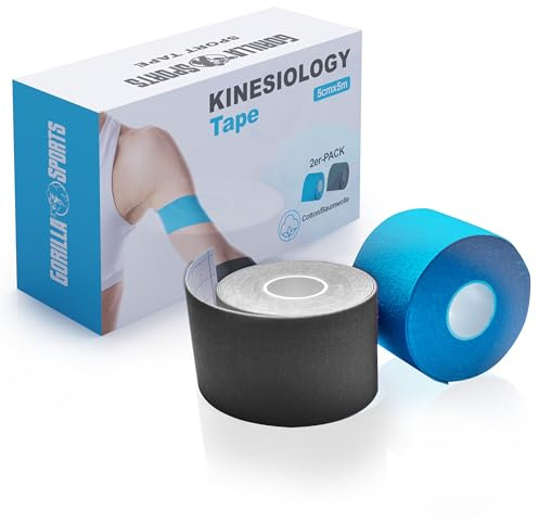 GORILLA SPORTS® Kinesiologie Tape - Set aus 2 Rollen, 5m x 5cm, Wasserfest, Hautfreundlich, Baumwolle, mit Anleitung, Schwarz und Blau - Physio Tape, Sport Tapeband