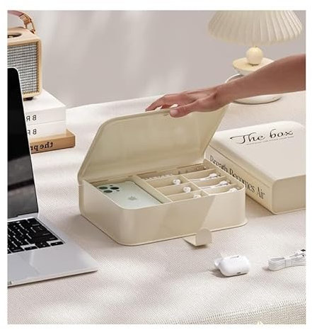 TLTLT „Extragroße Kabel-Organizer-Box mit Deckel, 8 Fächer for Datenkabel, Ladegeräte, Schreibtischutensilien – inkl. 10 Aufklebern und 10 Kabelbindern“(White)