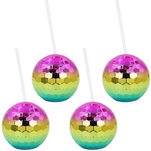 Lpitoy 4 Pcs Disco Ball Cups, Disco Party Cups with Lid, Reusable Flash Ball Cocktail Cup for Party Nightclub Bar Supplies Wine Drinking Tea Bottle