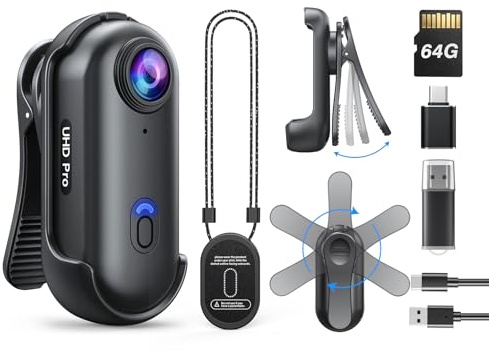BOBLOV W4 Mini Body Camera, Wearable Camera with 360°Rotatable Clip & Magnetic Clip, 120 Minutes for 1080P Recording, Easy to Use for Lecture, Traveling, Pet Walking and Outdoors Activities (64GB)