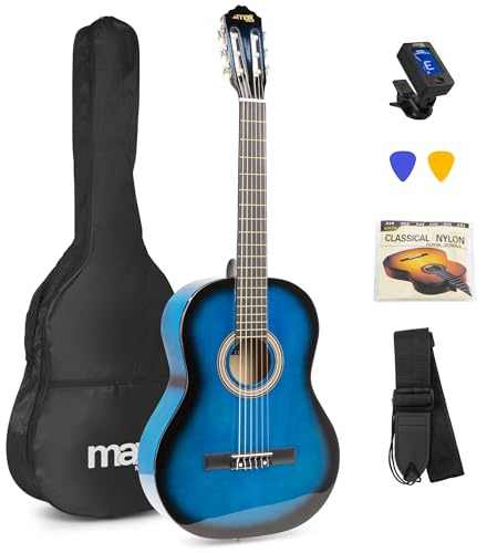 MAX SoloArt Konzertgitarre 4/4, Acoustic Guitar, Akustikgitarre, Blau | Akustik Gitarre für Anfänger mit Tasche, Gurt und Zubehör, Stimmgerät, Gitarrensaiten, Plektrum