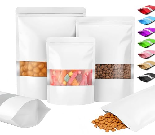 Plaphy 100-pack Återförslutbara Stående Aluminiumfolie Zippåsar med Fönster, Matta Färgade Stand up Ziplock Mylarpåsar, Lufttäta Doypack för Förpackning och Förvaring Livsmedel (Vit, 15 x 22 cm)