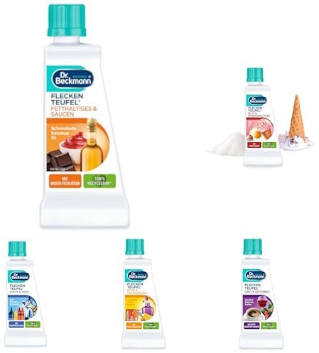 Bundle aus Dr. Beckmann Fleckenteufel Fetthaltiges & Saucen + Fleckenteufel Blut & Eiweißhaltiges + Fleckenteufel Obst & Getränke +Fleckenteufel Büro & Heimwerken +Fleckenteufel Stifte & Tinte