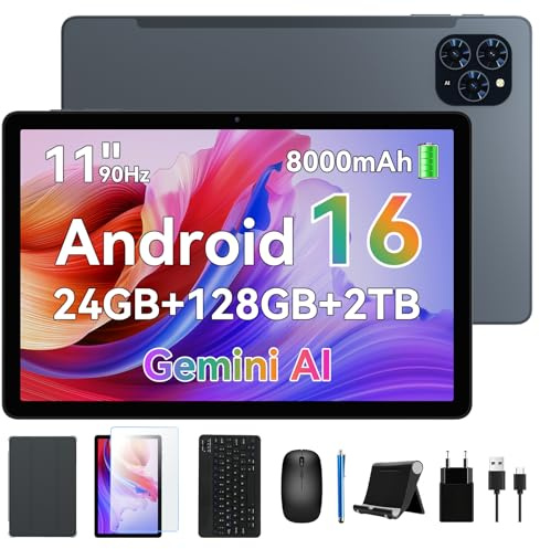 KINGRID Android Tablet, 11 inch Android 16 Tablet, 8000mAh, 24GB RAM 128GB ROM 2TB Expand FHD Touchscreen, 13MP+5MP Dual Camera, Octa-core Processor, Gemini AI, GPS, Widevine L1