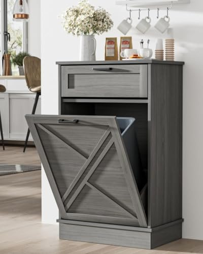 Skokliz 38L kippbarer Mülleimerschrank mit Schublade, Abfalleimer Müllschrank schmal, Kücheninsel Küchenkommode mit Arbeitsplatte, Schrank für Küche ohne Mülleimer für Küche, Wohnzimmer, Badezimmer