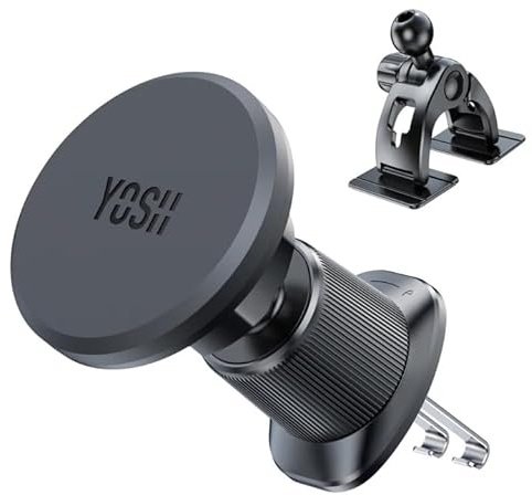 YOSH Handyhalterung Auto Magnet, 2 in 1 Handyhalterung Auto [Metall-Doppelhaken & 3M-Basis] für Dashboard & Lüftung, für iPhone Samsung Pixel & andere Geräte mit Metallplatten