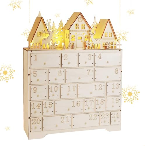 Christmas Wooden Advent Calendar House,Large Xmas Wooden Advent Calendar with LED Lights 24 Storage Drawers for Kids Adults Christmas Decoration (A)