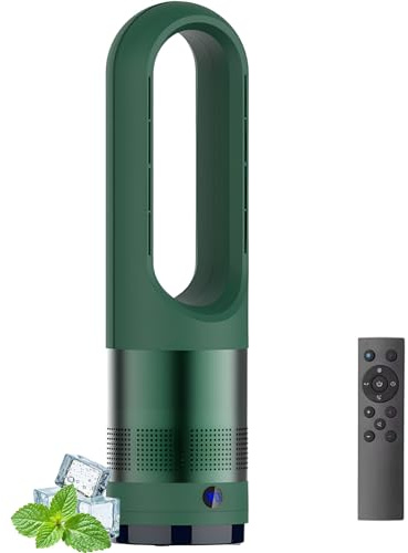 Ventilador De Torre Caliente Y Frío Con Purificador De Aire, Ventilador Portátil Sin Aspas De 18 Pulgadas Con Temporizador De 8 Horas, 8 Velocidades,oscilación De 80°, Ventiladores Pie green