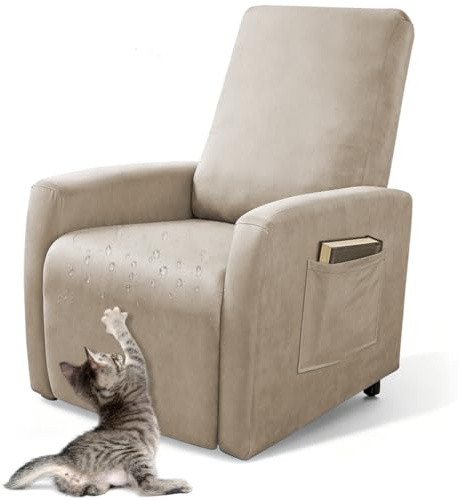 Piashow Sessel überzug wasserdichte, Stretch Sesselschoner mit Taschen, Stressless Hussen für Wohnzimmer Fernsehsessel (Khaki)