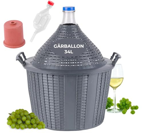 STREND PRO Gärballon 34 Liter mit Gärspund & Stopfen | Glasballon inkl. Gärröhrchen & Gummistopfen | Weinballon Gärset für Wein & Likör | Flasche zum Wein Selber Machen