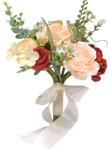 FACAIIO Bouquet colorato per foto, stile coreano, bouquet di fiori in seta per damigelle d'onore per matrimoni e feste, 20 x 21 cm, bianco/rosa/rosso