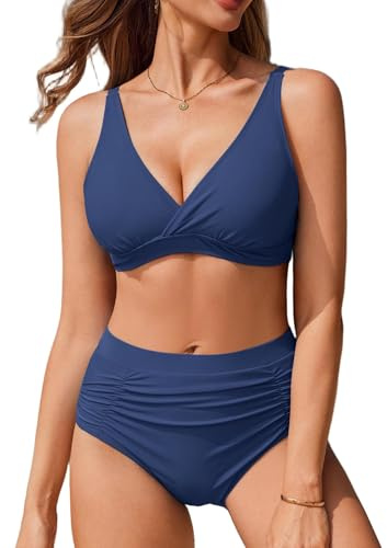 Ekouaer Bikini Donna Mare Costume da Bagno Donna Push Up Curvy Vita Alta Due Pezzi Costume Estate Bikini Sets, Blu Navy, XXL