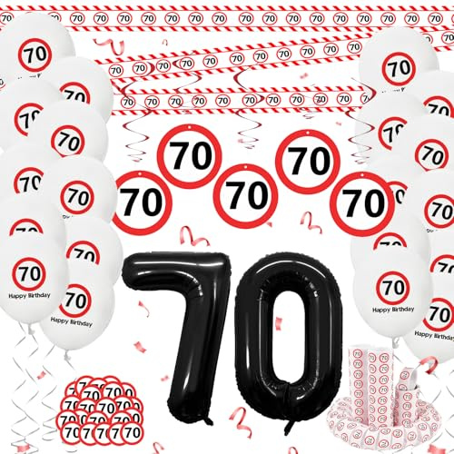 Whimzey Deko 70 Geburtstag Mann Frau,Verkehrsschild 70 Geburtstag Deko,70. Geburtstage Deko Set,Geburtstagsdeko 70 Jahre mit Zahl 70 Folienballon,Absperrband,Konfetti,Luftschlangen,Luftballon,Spiralen