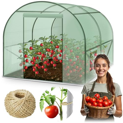 Plonos Invernadero de Aluminio de 4 m², casa de Tomates con 4 Ventanas y Marco de Acero galvanizado, 100 m de cordón de sisal para jardín, Color Verde