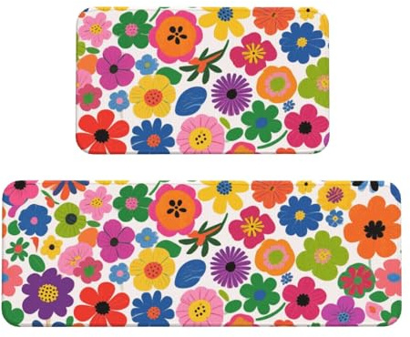 Floral Print Kitchen Rugs Set of 2, Cushioned Anti-Fatigue Kitchen Mats for Floor, Waterproof Comfort Standing Mat Absorbent Velvet Kitchen Runner Rugs 17x30+17x47