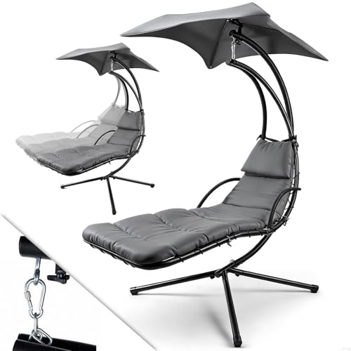 Verdego Schwebeliege mit Sonnendach, Schaukelliege Outdoor, Hängeliege mit Gestell, Polsterauflage, Kopfkissen, bis 120 kg Belastbar, Schwingliege für Garten, Terrasse und Balkon, Grau