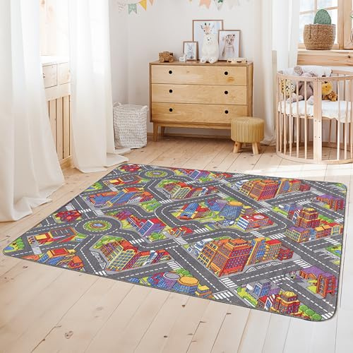 Primaflor Kinder-Teppich Big City 160 x 200 cm Interaktiver Straßenteppich mit Straßen & Gebäuden – Kindermatte für kreative Aktivitäten – Pflegeleicht, kurzflorig, Hochwertig CE & GUT geprüft