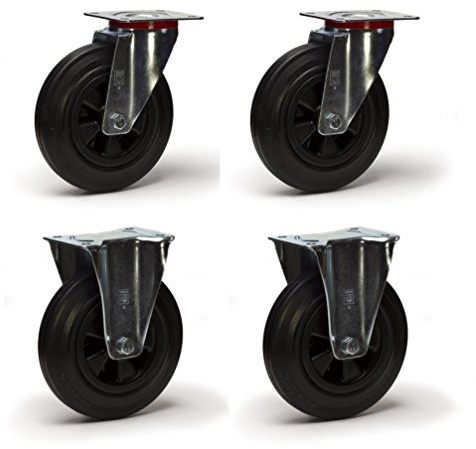 Lot de 4 roulettes pivotantes et fixes caoutchouc noir 200 mm - 615 Kg