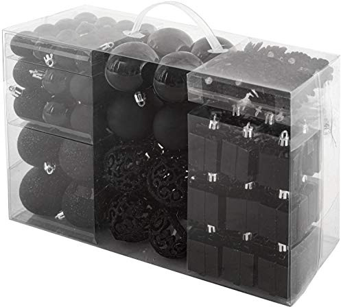 BRUBAKER 101-teiliges Premium Weihnachtskugel Set mit Baumspitze Schwarz | Funkelnde Christbaumkugeln für den Weihnachtsbaum