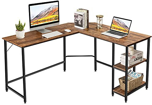 COSTWAY Escritorio de Ordenador en Forma de L Mesa Esquina de Trabajo con Estantes para Hogar Oficina Sala de Estudio (Madera)