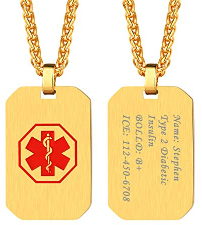 Bandmax Medical Alert Identifizierung Gravur Schmuck Edelstahl/18k vergoldet personalisiert Anhänger mit Äskulapstab Symbol SOS ICE Notfall Gesundheit Alarm Accessoire für Männer Frauen