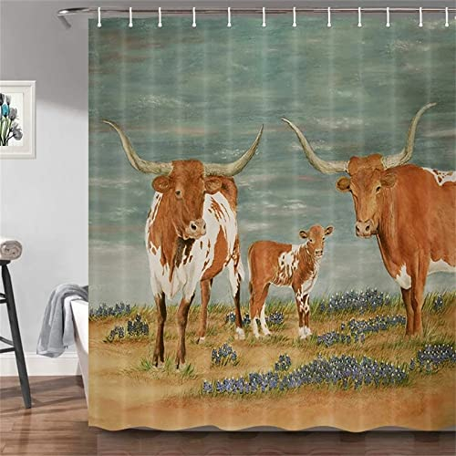 Duschvorhang 300x200cm , Duschvorhänge Wasserdichter Anti-Schimmel Shower Curtains mit 12 C-Ringe, Verdickter Stoff,Waschbar Stoff Polyester 3D Duschrollo Badewanne Badezimmer Dekor Tier Kuh Grau