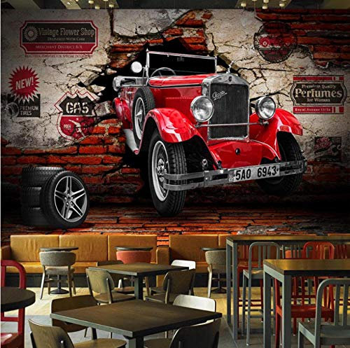 Papier Peint 3D Rétro Style Industriel Rouge Voiture Photo Mural Effet Mur Géant Photos Moderne Intissé Décoration Murale Trompe l’Oeil Revêtement Panoramique Tapisserie XXL, 200 x 140 cm